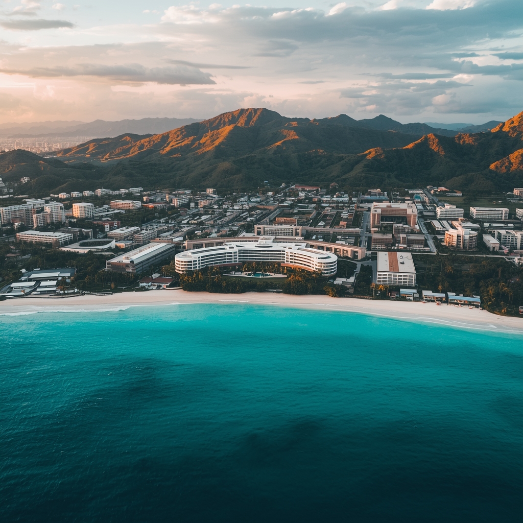 Aerial view of a beautiful tropical coastal city with modern hospital buildings and resorts, turquoise ocean water, white sandy beach, green mountains in background, golden hour lighting, cinematic drone shot perspective
